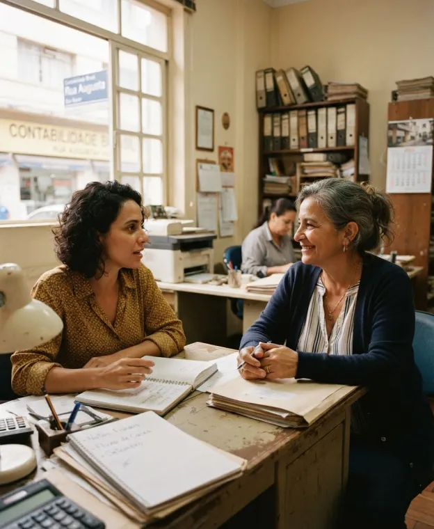 Duas mulheres conversam sorrindo à mesa de um escritório de contabilidade, com cadernos e pastas de documentos.